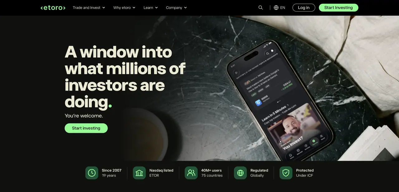 eToro homepage screenshot